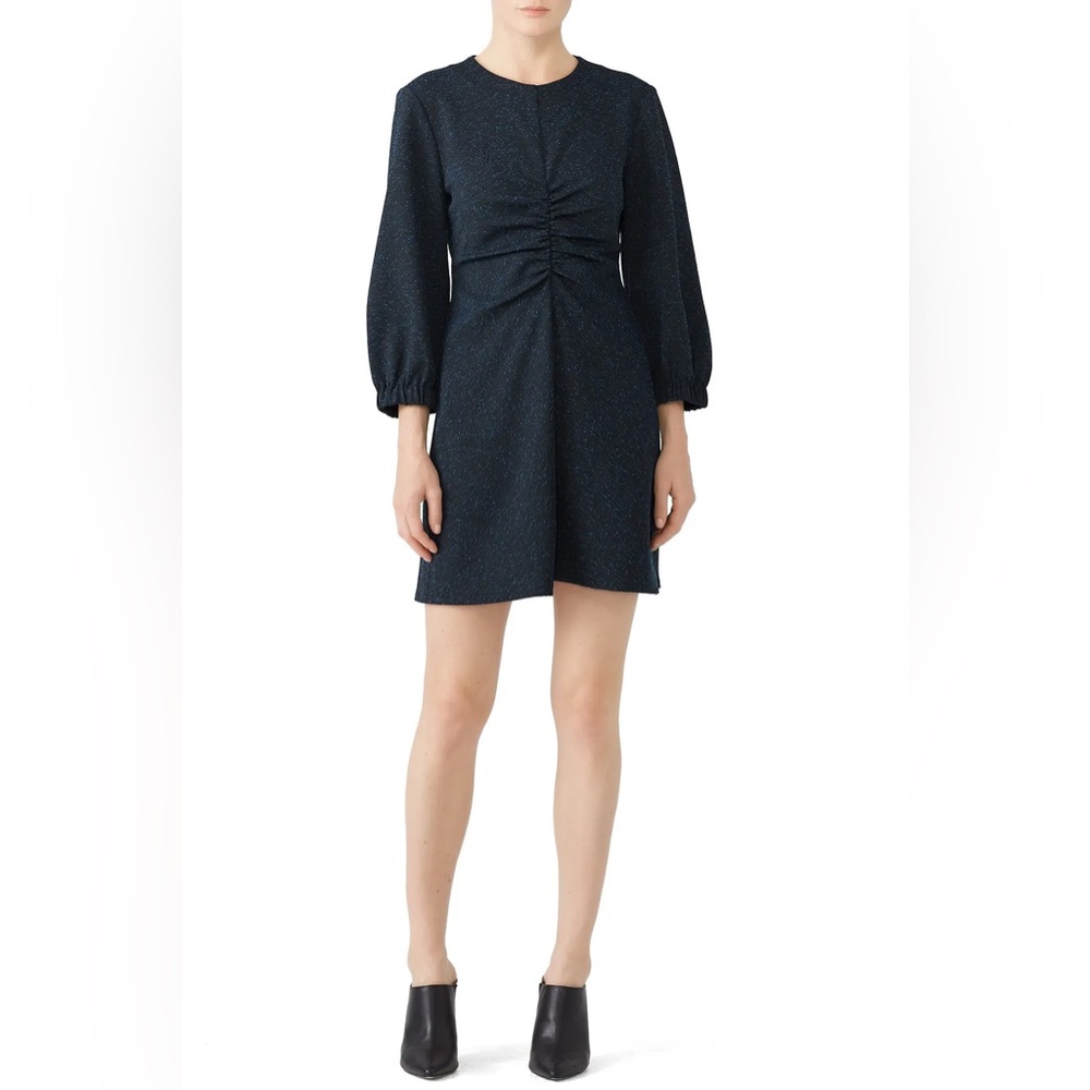 TIBI Blue and Black Heather “Eclipse” Holiday Festive Pique Ruched Dress